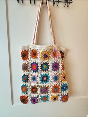 Handmade Cream Crochet Floral Tote Bag with Multicolor Accents